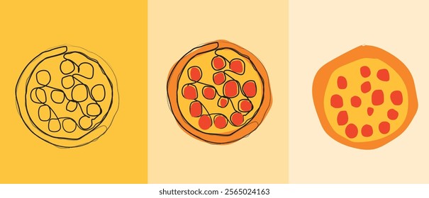 illustration of a pizza. pizza slice with salami,mushrooms, basil leaf and melted cheese for pizzeria package and menu designs. Flat Vector illustration