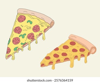 illustration of a pizza. pizza slice with salami,mushrooms, basil leaf and melted cheese for pizzeria package and menu designs. Flat Vector illustration.