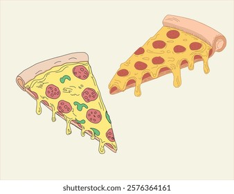 illustration of a pizza. pizza slice with salami,mushrooms, basil leaf and melted cheese for pizzeria package and menu designs. Flat Vector illustration.