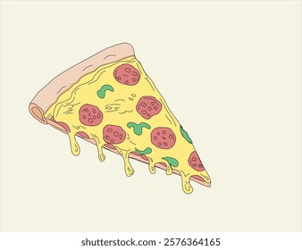 illustration of a pizza. pizza slice with salami,mushrooms, basil leaf and melted cheese for pizzeria package and menu designs. Flat Vector illustration.