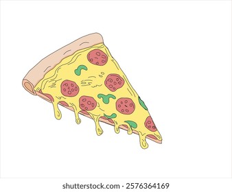 illustration of a pizza. pizza slice with salami,mushrooms, basil leaf and melted cheese for pizzeria package and menu designs. Flat Vector illustration.