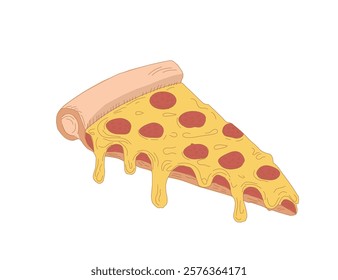 illustration of a pizza. pizza slice with salami,mushrooms, basil leaf and melted cheese for pizzeria package and menu designs. Flat Vector illustration.