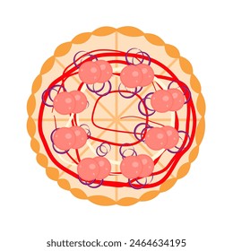 illustration of a pizza topped with sliced meat and onions and covered with sauce and mayonnaise. pizza illustration for food design