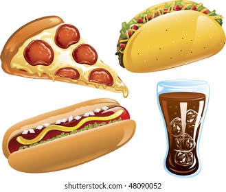 Illustration of pizza,cola,hot dog and a taco