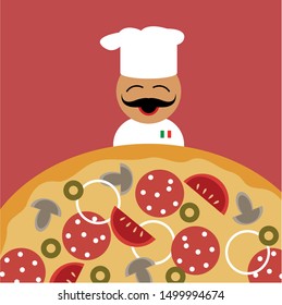 illustration for pizzeria with italian chief-cooker and pizza