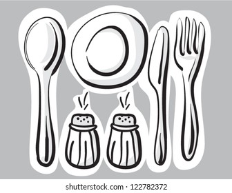 Illustration of place setting with knives, plate, salt shaker, spoon and fork