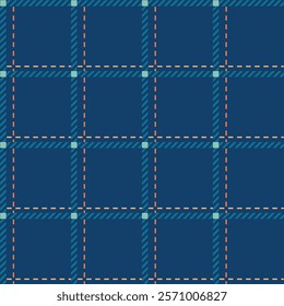 Illustration of plaid fabric with modern colors, in blue, red, navy, and turquoise tones, special weft yarn to simulate the texture of a fabric. Design for textures or repeats of garments or fashion.