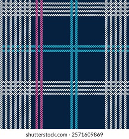 Illustration of plaid fabric with modern colors, in blue, red, navy, and turquoise tones, special weft yarn to simulate the texture of a fabric. Design for textures or repeats of garments or fashion.