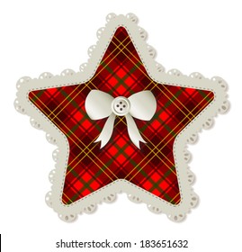 Illustration of a plaid star-shaped sewing patch. Accented with a small white ribbon. Eps 10 Vector.
