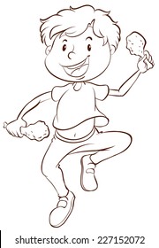 Ilustración de un dibujo plano de un niño comiendo sobre un fondo blanco  