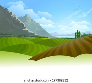 An illustration of plain fields with lake, hills, clouds and blue sky in the backdrop