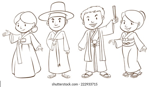 Illustration of a plain sketch of Asian people on a white background 