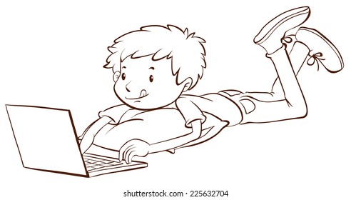 Illustration of a plain sketch of a boy using a laptop on a white background 