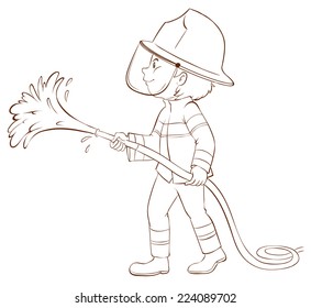 Illustration of a plain sketch of a fireman holding a hose on a white background 