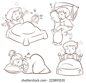 Illustration plain sketch kids sleeping   waking up early white background  