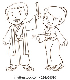 Illustration of a plain sketch of two Asian people on a white background 