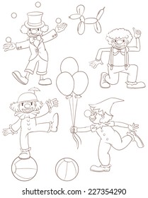 Illustration of the plain sketches of the playful clowns on a white background 