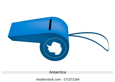 An Illustration of Plain White Map of The Continent On A Blue Color of Antarctica Flag on A Whistle, The Sport Concept and Political Symbol. 