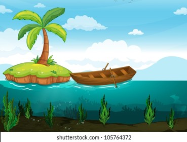 illustration of a plam tree and rowboat on a white background