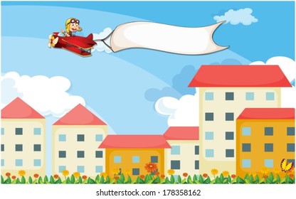 Illustration of a plane above the houses with an empty banner