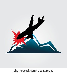 Illustration of a plane crashing in the mountains. Cartoon style flight transportation. white background