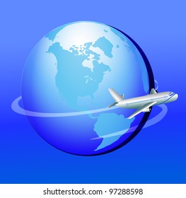 illustration plane flies around globe in journey