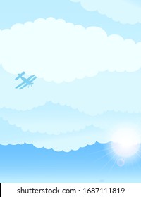 Illustration of a plane flying high in the sky. Vector graphics of a biplane on the background of clouds. Sky blue designer banner with a sunbeam.