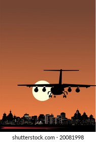 illustration with plane flying near city