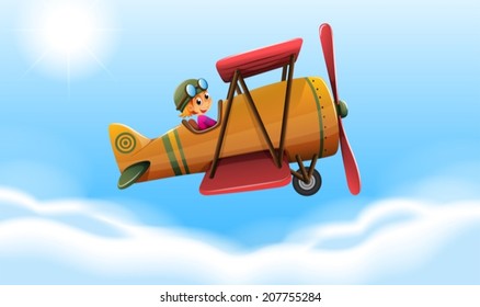 Illustration of a plane flying with a smiling pilot