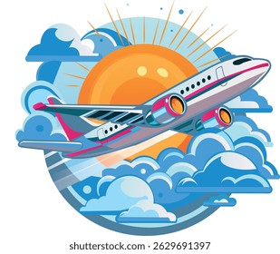 Illustration of a plane flying through the clouds