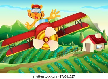 Illustration of a plane with a lion flying above the farm