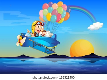 Illustration of a plane with monkeys and balloons