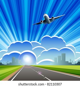 illustration, plane on cloud on background blue sky