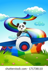 Illustration of a plane with a panda near the rainbow