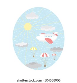 illustration of a plane, rays, sun, parachutes