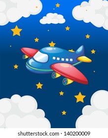 Illustration of a plane in the sky with many stars