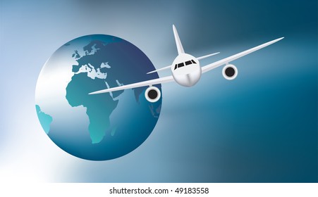 illustration of a plane soaring above the earth