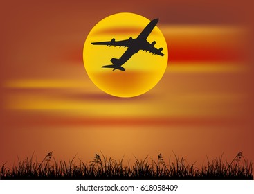 ilustración con plano al atardecer sobre hierba negra