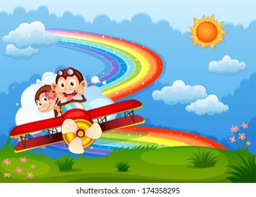 Illustration of a plane with two boastful monkeys and a rainbow in the sky
