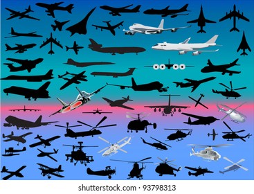 illustration with planes and helicopters in blue sky