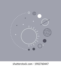 Illustration Of A Planet Around The Sun. Solar System Icons, Logo Template, Tattoo