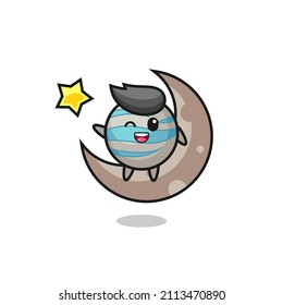 illustration of planet cartoon sitting on the half moon , cute style design for t shirt, sticker, logo element