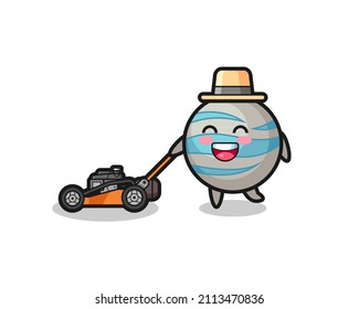 illustration of the planet character using lawn mower , cute style design for t shirt, sticker, logo element