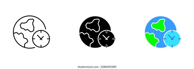 An illustration of a planet with a clock icon, representing the concept of time and urgency in addressing environmental issues. Vector set of icons in line, black and colorful styles isolated.