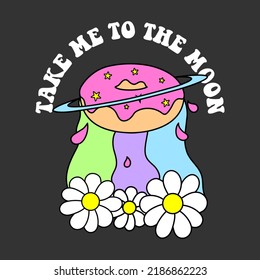 ILLUSTRATION OF A PLANET DONUT WITH FLOWERS, SLOGAN PRINT VECTOR