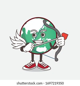An illustration of planet Earth cartoon mascot character Cupid with arrow and wings