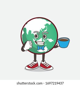 An illustration of planet Earth cartoon mascot character with a cup of coffee
