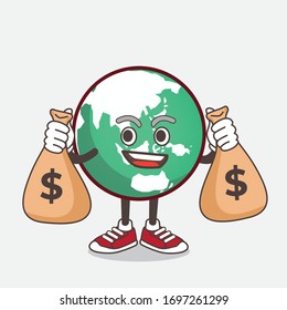 An illustration of Planet Earth cartoon mascot character holding money bags