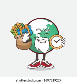 An illustration of planet Earth cartoon santa mascot character having a sack of gifts