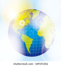 Illustration of planet earth with clouds and sun, vector illustration